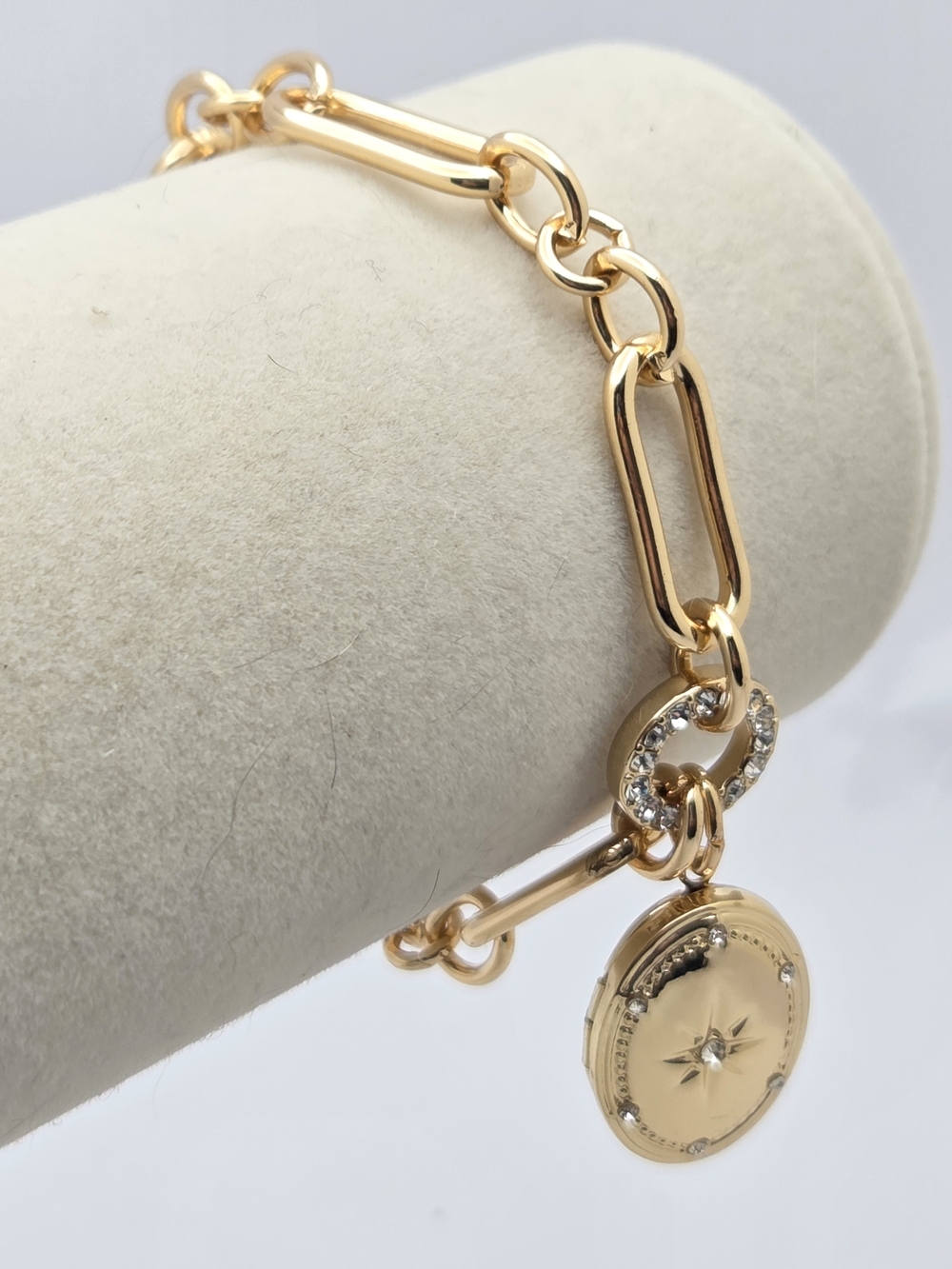 Gold Tone Paperclip Link Toggle Bracelet Starburst Rhinestone Locket Charm